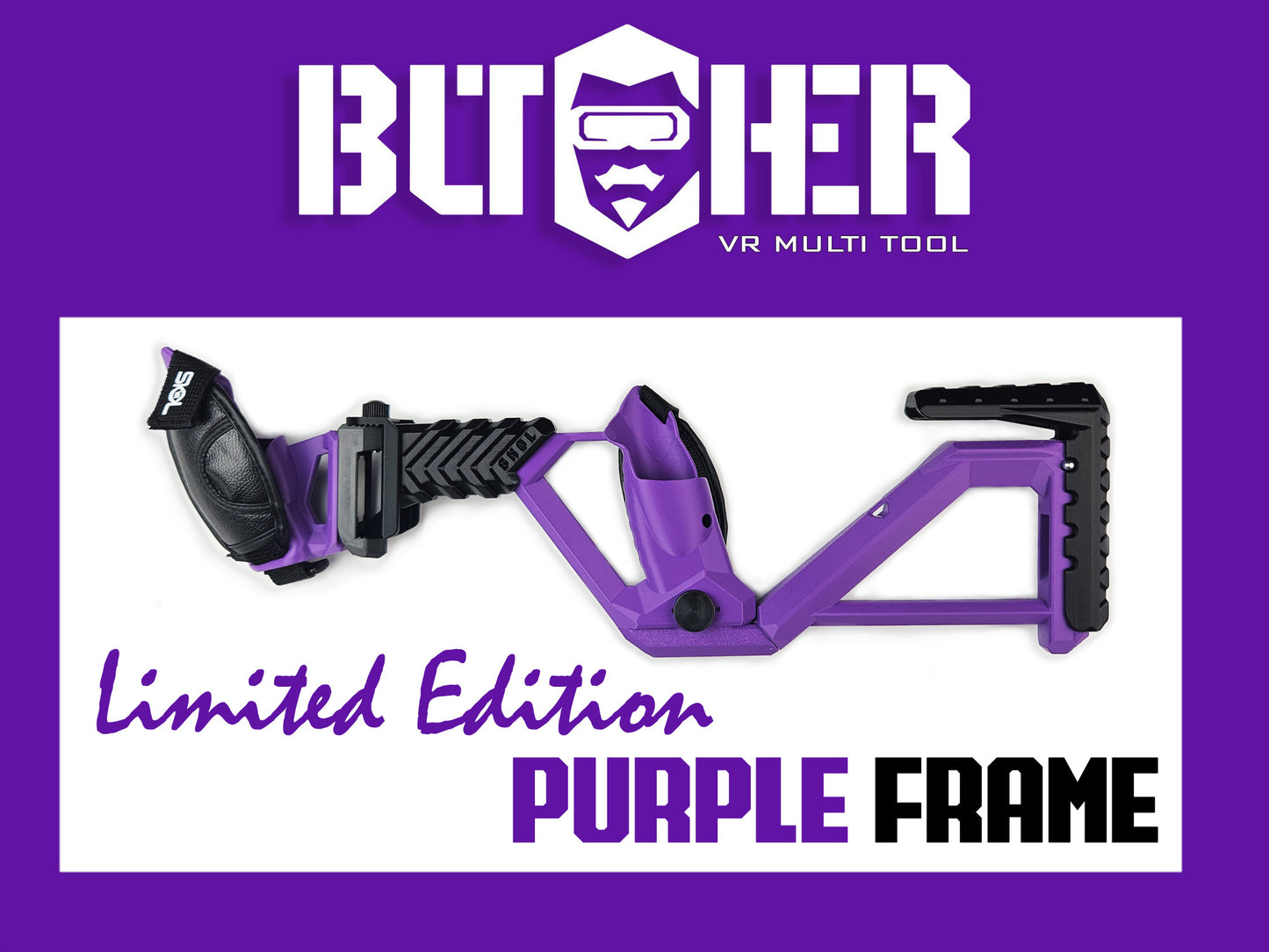 Butcher VR Multi Tool with purple frame on a white background