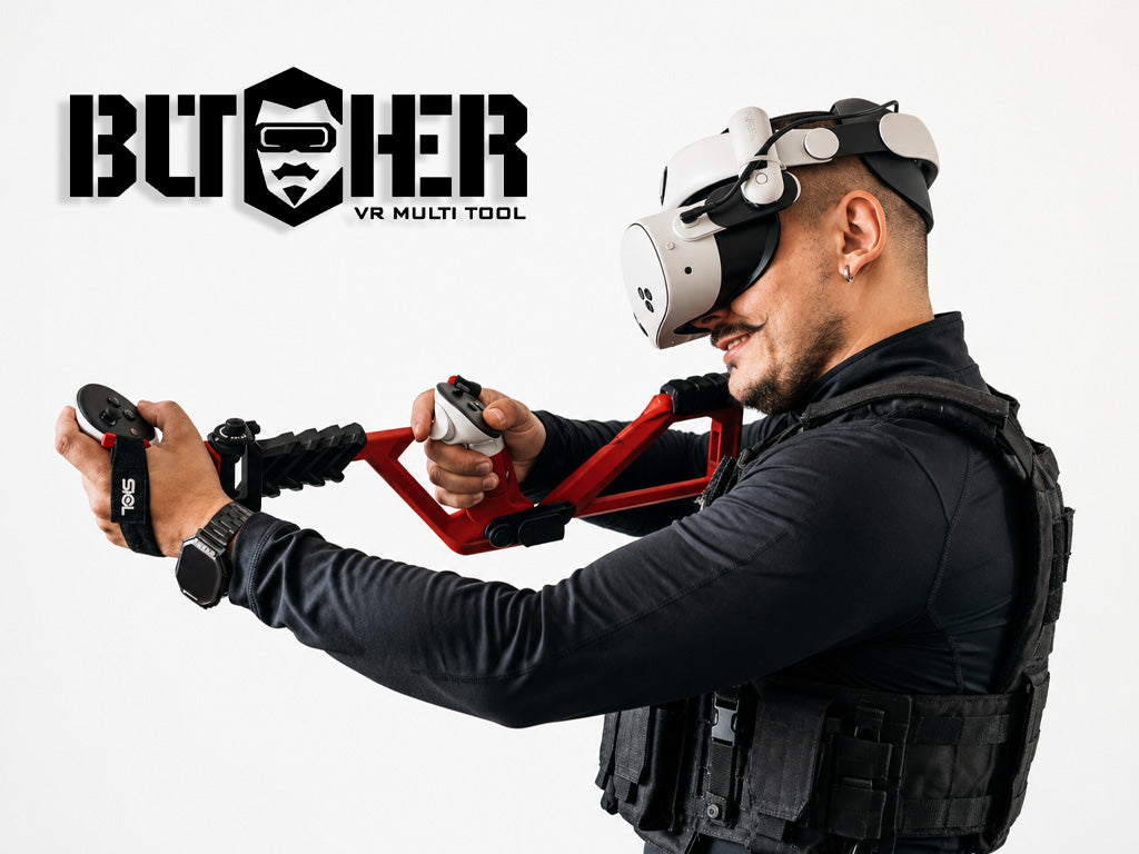 Person using a VR tool with 'Butcher VR Multi Tool' branding on a white background