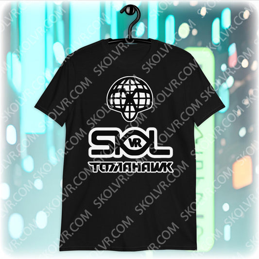 Skolvr.com unique design VR logo is very nice print at tshirt. Become an owner of our merch and support what we're doing every day. It is really cool logo at t-shirt to wear. VR, virtual reality, augmented reality cool t-shirt with print is the best and exclusive gift.