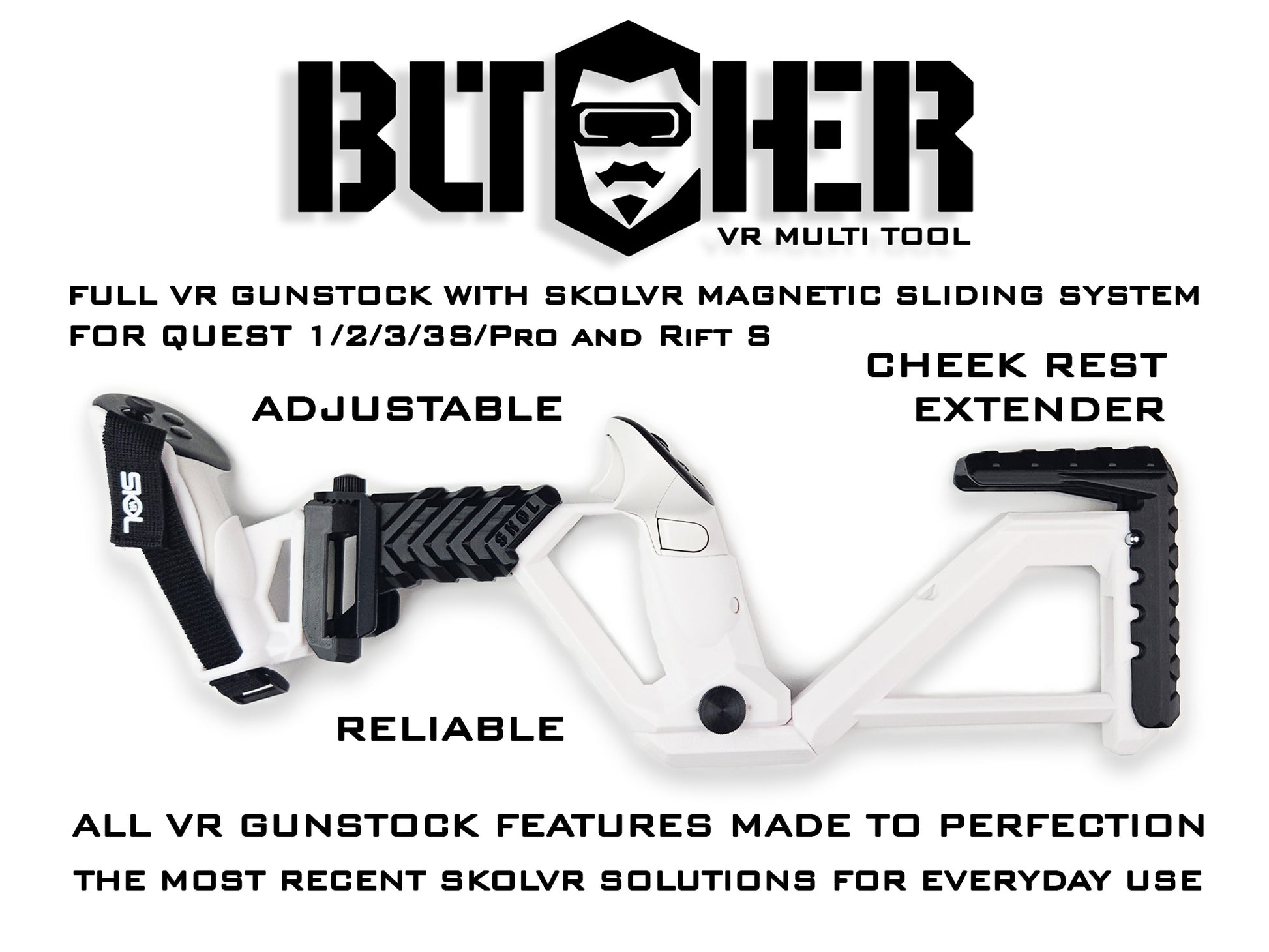 Butcher VR Multi Tool with adjustable cheek rest extender on a white background