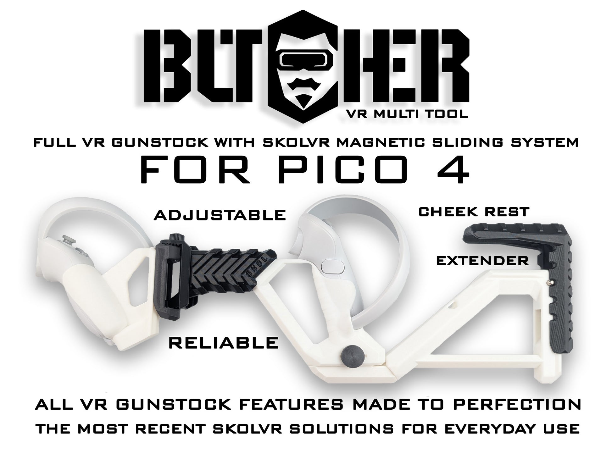 Butcher VR Multi Tool for Pico 4 with adjustable cheek rest and extender on a white background