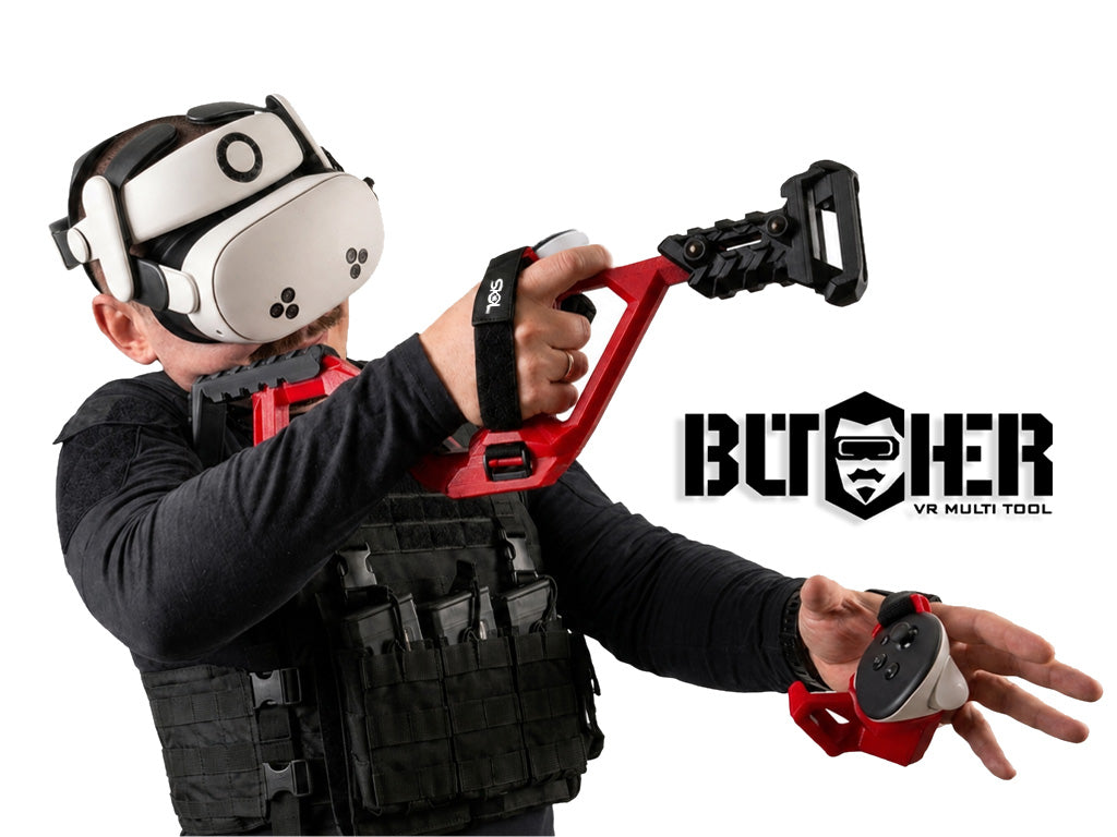 Person wearing a futuristic outfit with a red and black tool, branded 'Butcher VR Multi Tool'.