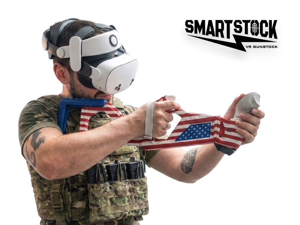 Person wearing a VR headset and holding a controller with an American flag design, with 'SMART STOCK' branding.