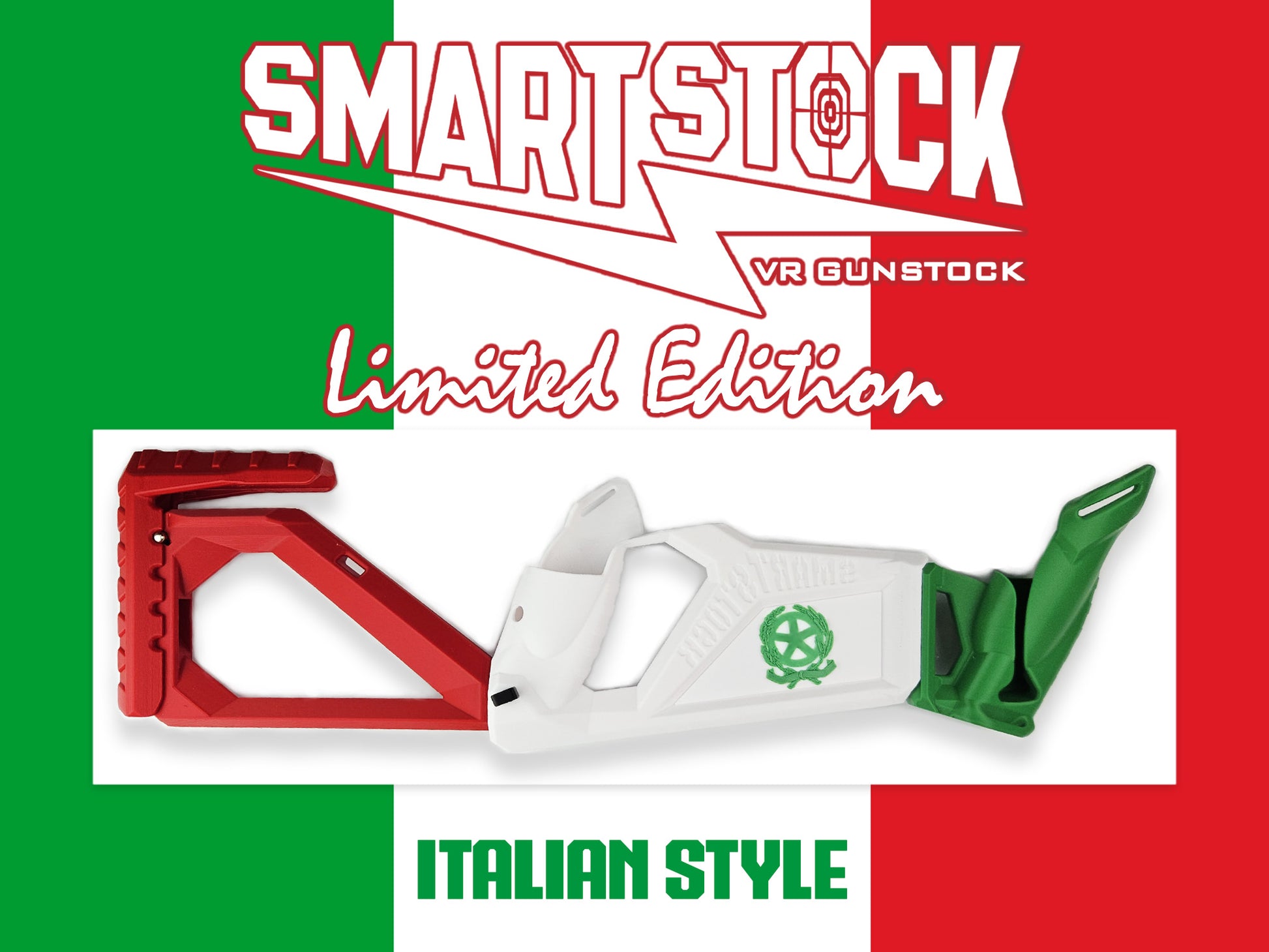 SmartStock VR Gunstock with Italian flag design Pavlov VR gunstock, Contractors Showdown stock, Ghosts of Tabor gunstock, best VR gunstock for fps, VR sniper stock