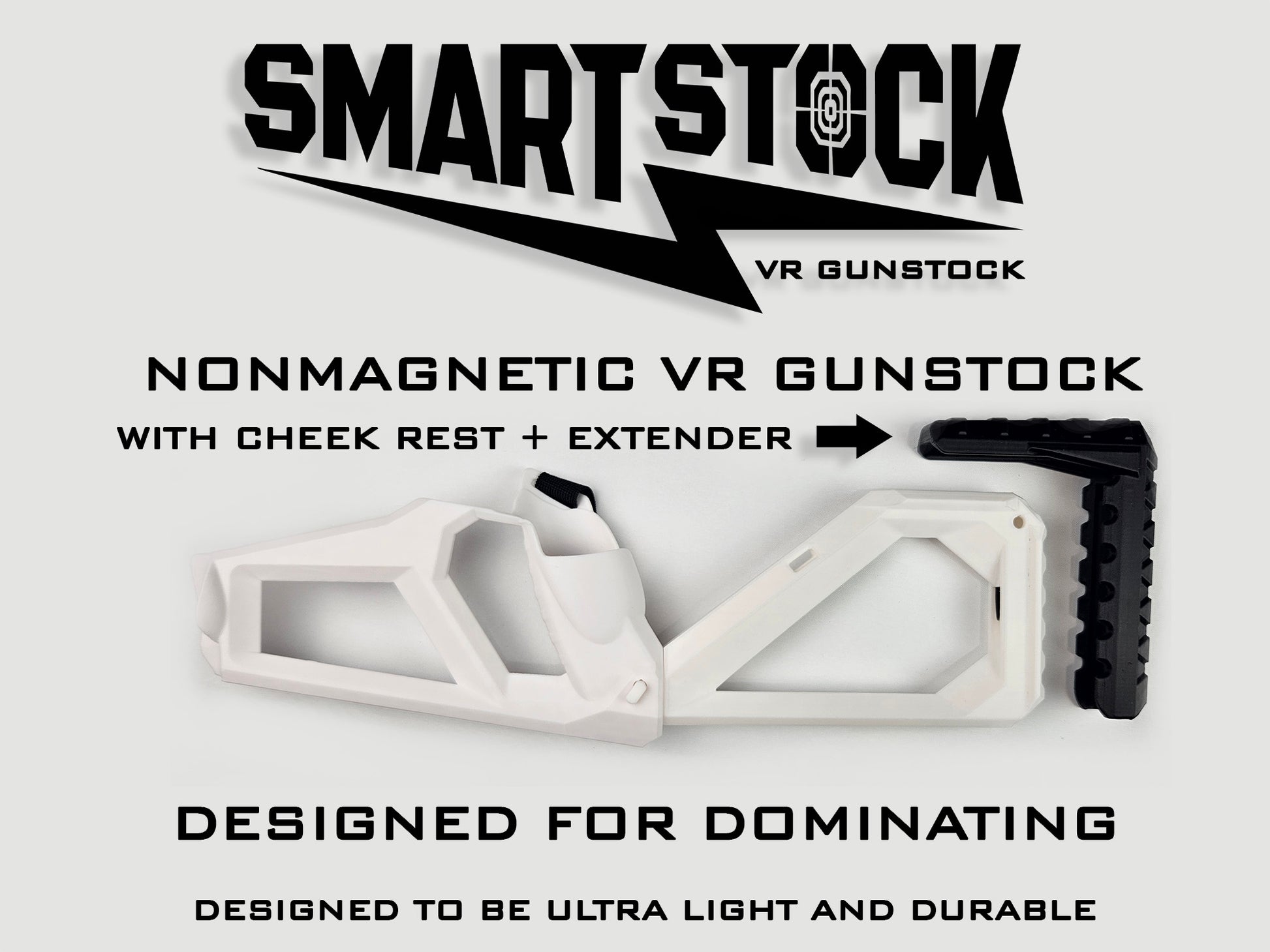 An advertisement image showcasing the SMARTstock VR Gunstock, with options for magnetic and nonmagnetic systems, for various Quest VR models.