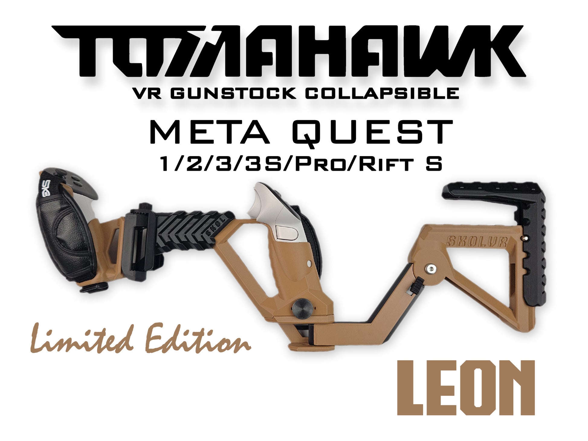 TOMAHAWK VR gunstock collapsible for Meta Quest devices with 'Limited Edition LEON' text on a white background.