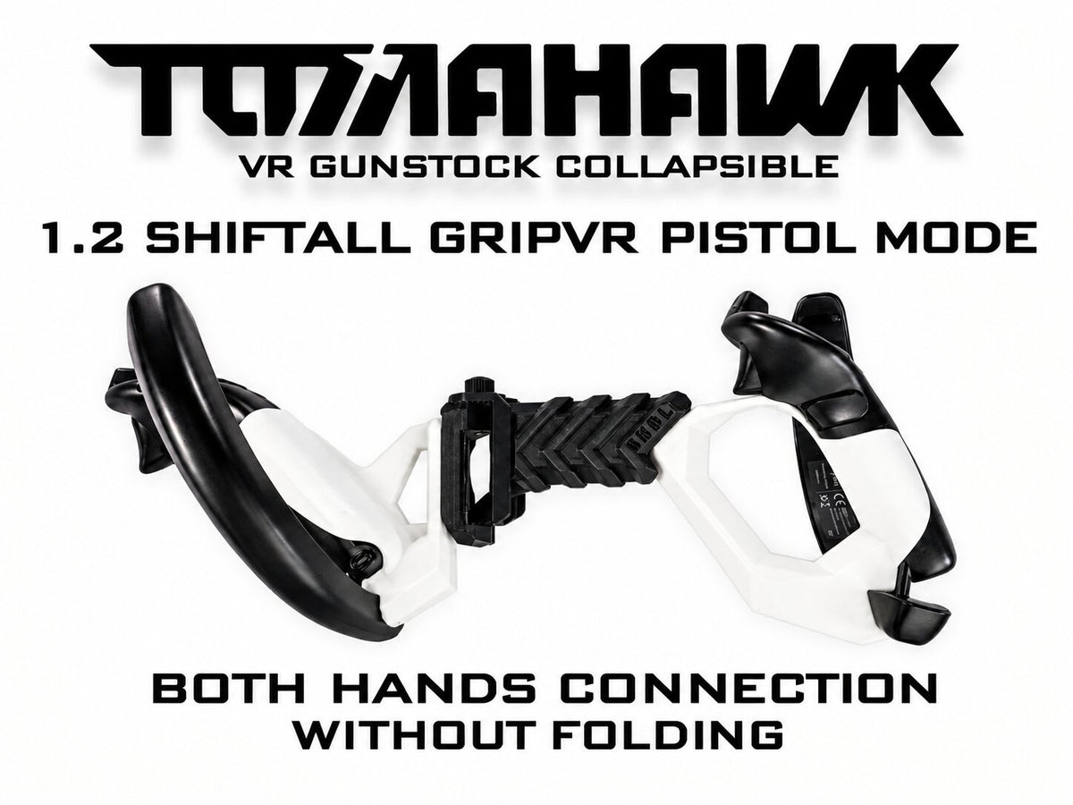 Black and white collapsible VR gunstock grip and pistol mode Tomahawk VR, super compact and durable, zero flex vr gunstock
