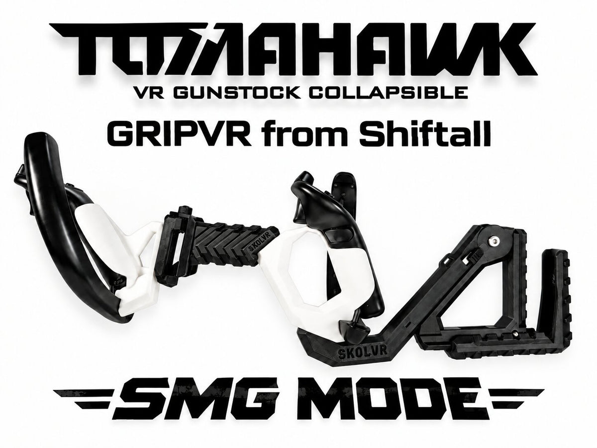 A product presentation of the GripVR from Shiftall VR Gunstock Collapsible in black and white, shown in three different configurations with text overlays reading 'TOMAHAWK', 'GRIPVR from Shiftall', and 'SMG MODE' on a white background.