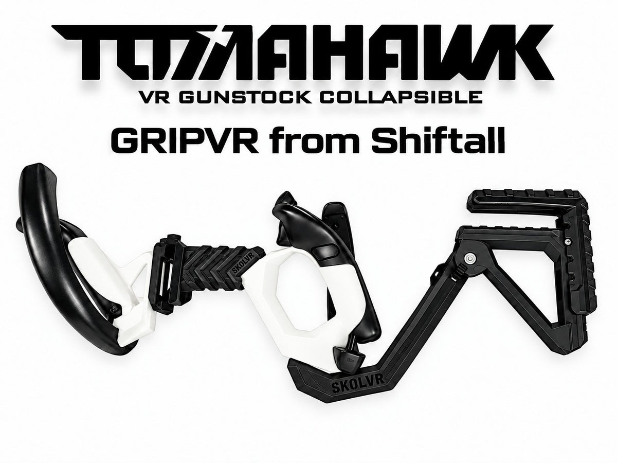 zero flex vr gunstock, GRIPVR gripstock accessory from Shiftall, shown in three assembled configurations against a white background with 'TOMAHAWK VR GUNSTOCK COLLAPSIBLE' and 'GRIPVR from Shiftall' text at the top.