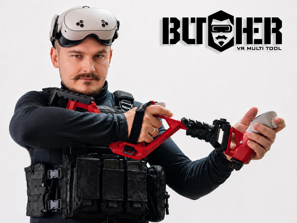 Person in tactical gear holding a red multi-tool with 'Butcher VR Multi Tool' branding.