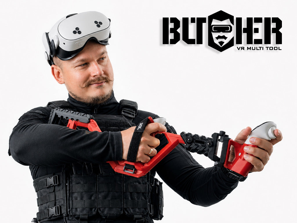 Person holding a red and black tool with 'Butcher VR Multi Tool' branding in the background