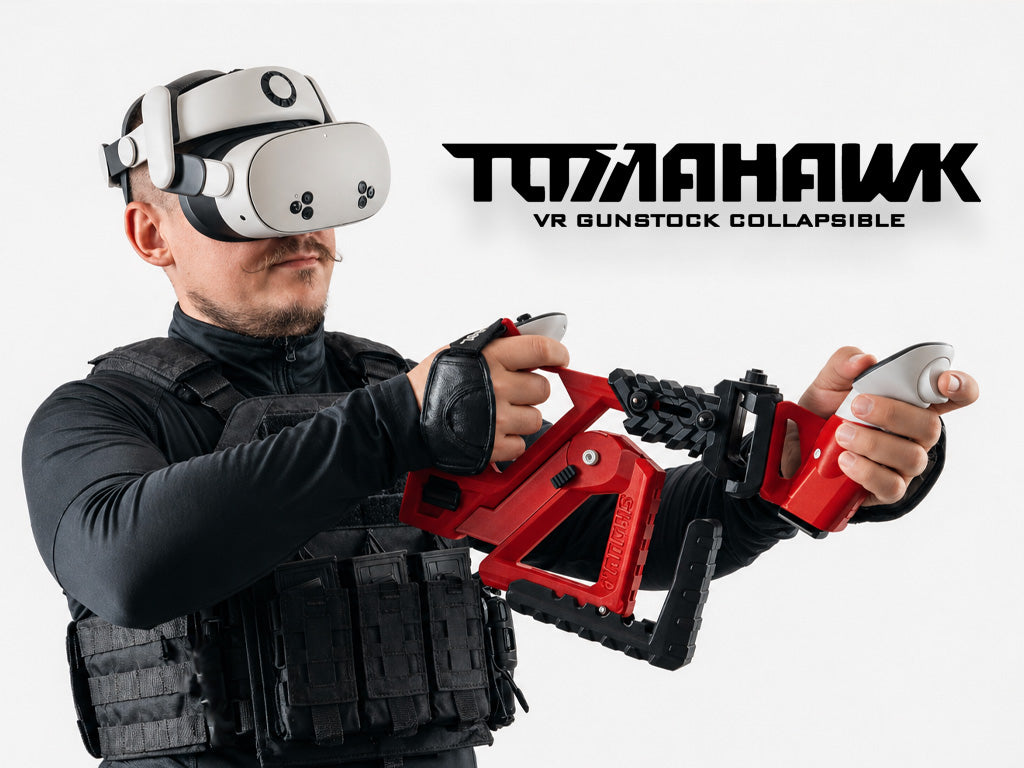 Person wearing VR headset and holding a red and black collapsible gun with 'TOMAHAWK' branding.