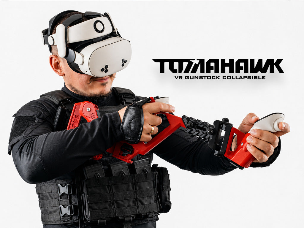 Person wearing VR headset and holding a red and black gunstock collapsible, with 'TOMAHAWK' branding.