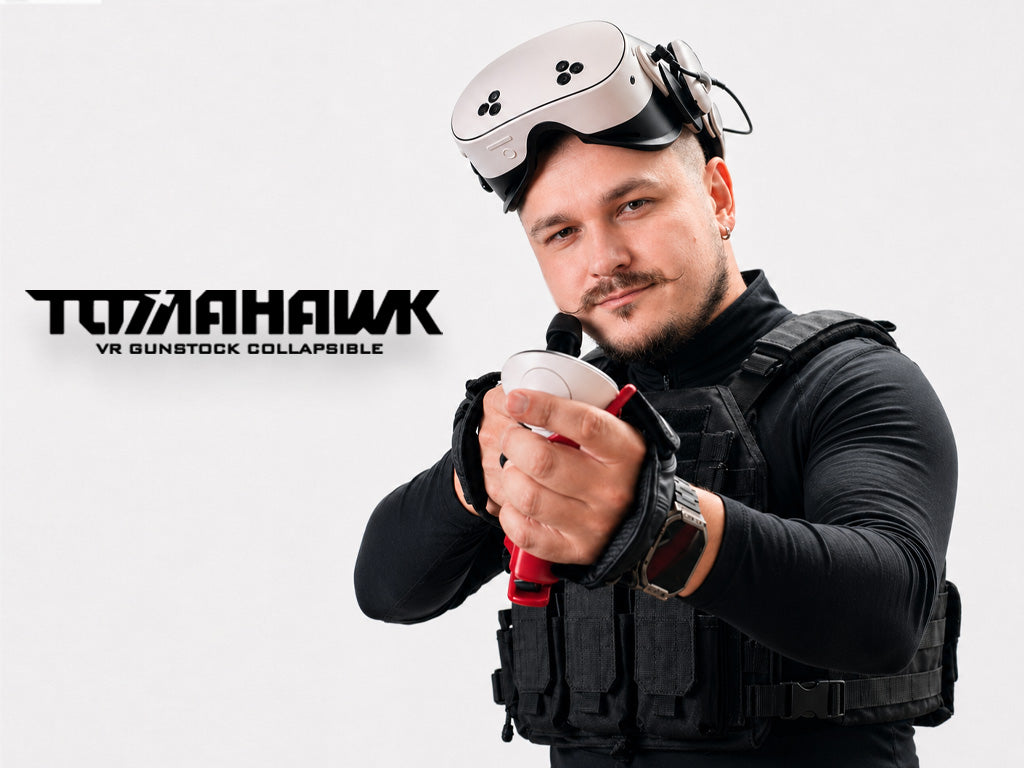Person holding a VR gun with 'Tomahawk' branding on a white background
